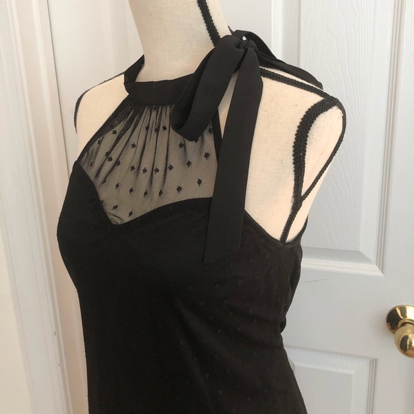BLACK MESH POLKA DOT TIE NECK SHIFT DRESS - Picture 2 of 5